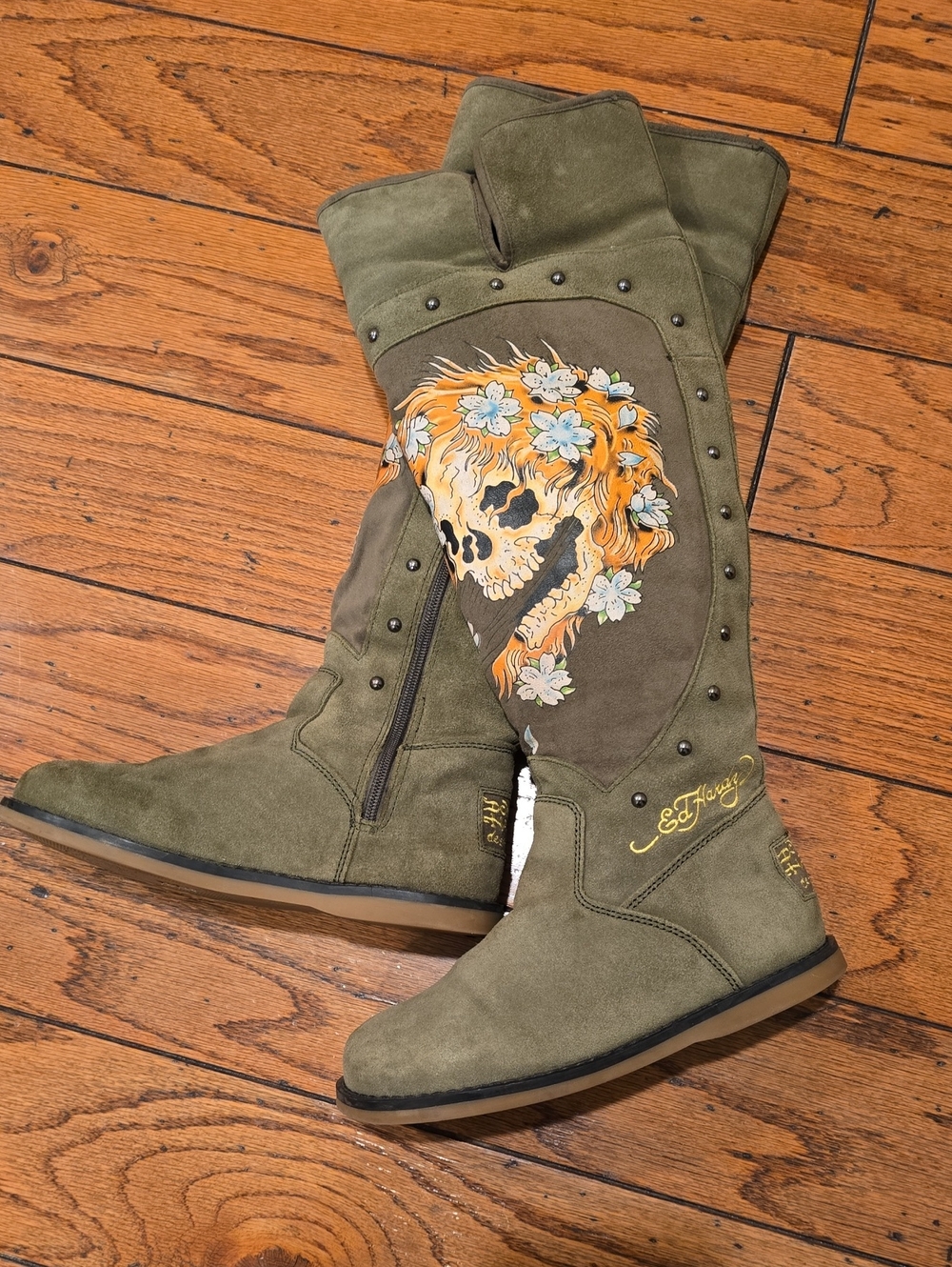 Ed Hardy Olive Green Knee Boots with Orange Floral Skull
